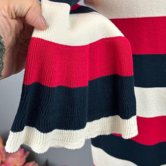 Loft Red White Blue Striped Dress Ribbed Flutter Bell Sleeves Ruffle Bottom New - Picture 7 of 13